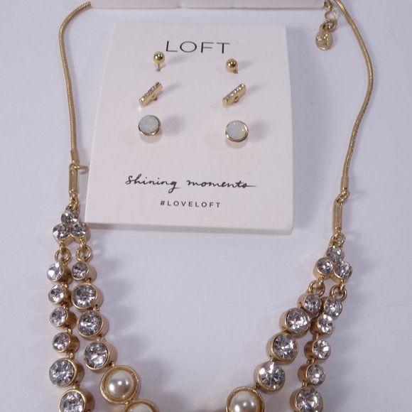 Ann Taylor LOFT Pearl and Opal Necklace Earrings Set NWT 39 24 - Picture 2 of 14